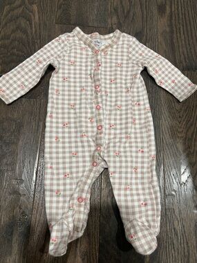 Carter's Beige Gingham Footed One-Piece with Pink Cherry Print 3 months